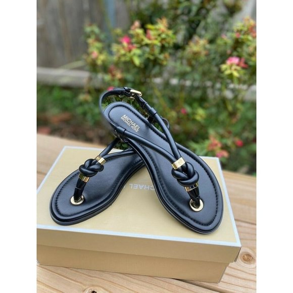 Michael Kors Gold Logo Black Leather Sandals - Picture 1 of 6
